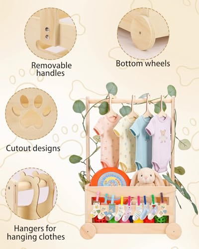 Wooden Dog Closet Pet Wardrobe Organizer, 20 x 13 x 9 Inch Pet Clothes Storage Crate with Hanging Rack, 10 Hangers, Rope & Clips for Dog Puppy Cat Toys Clothes Accessories