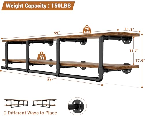 Aheaplus Industrial Pipe Clothes Rack with Top Shelf, 59In Space-Saving Wall Mounted Clothing Rack, 2 Tiers Heavy Duty Pipe Clothing Shelves with Hanging Rod for Laundry Room, Closet, Rustic Brown - color: Rustic Brown, size: 59IN