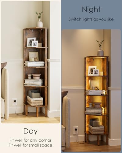 Corner Shelf Stand, 5 Tier Corner Bookshelf,Corner Furniture for Bedroom Display Corner Shelf for Small Space,Wood Shelves with Storage Rack for Living Room,Office, Rustic Brown - color: Rustic Brown