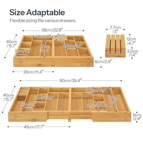 HOOBRO Large Silverware Organizer Kitchen Drawer Organizer, Magnetic Connected Expandable Utensil Organizer From 22 to 35 Inches, Bamboo 16 Slots Cutlery Tray with Knife Holder, Natural YL07TL01