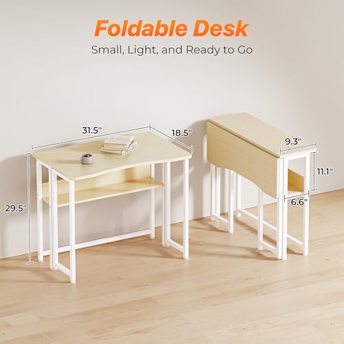 Huuger Folding Desk with Storage Shelf, 31.5 Inch Foldable Computer Table for Small Spaces, Space Saving Sofa Table for Couch, Writing Work Office Computer Desk, Easy to Fold, Oak - color: Oak, size: 18.5"D x 31.5"W