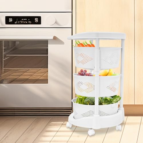 Rotating Storage Cart, 3/4/5 Layer Kitchen Storage Rack, Standing Storage Rack with Lockable Casters, Multi-Layers Rotatable Baskets for Kitchen Bathroom (3-Tier)
