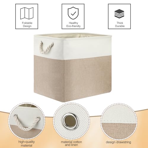 meekoo 8 Pack Collapsible Storage Bins Fabric Storage Bins Polyester Fabric Baskets with Handles Linen Closet Organizer for Shelf Home Closet Towels Toys(17 x 12 x 15 in,Beige) - color: Beige, size: 17 x 12 x 15 In