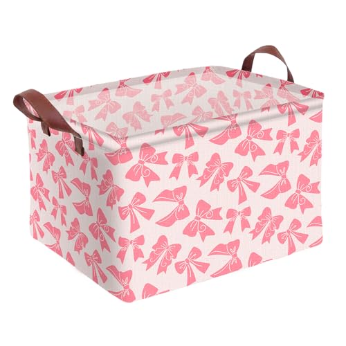 Pink Bow Storage Basket Waterproof Canvas Toy Storage Bin Bow Room Decor Collapsible Outdoor Basket with Leather Handles Coquette Room Decor Blanket Baskets For Closets,Bedrooms,Gifts Baskets - color: Pink Bow