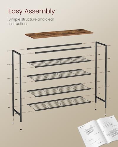 VASAGLE Shoe Rack, Shoe Storage Rack for Closet, Entryway, Living Room, Free Standing Metal Organizer Shelf, 5 Tiers, 11.8 x 29.5 x 34.3 Inches, for 18–24 Pairs, Rustic Brown and Ink Black ULBS050KD01 - size: 5 Tiers (29.5"W)