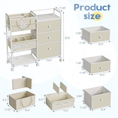 Cidaziya 2In1 Baby Diaper Caddy Organizers and Storage, 3 Tier Rolling Cart with Dividers and Drawers, Mobile Utility Cart Baby Dresser Clothes Organizer for Changing Table, Crib Nursery, Bedroom - color: White, size: 32.48"W x 11.42"D x 33.5"H
