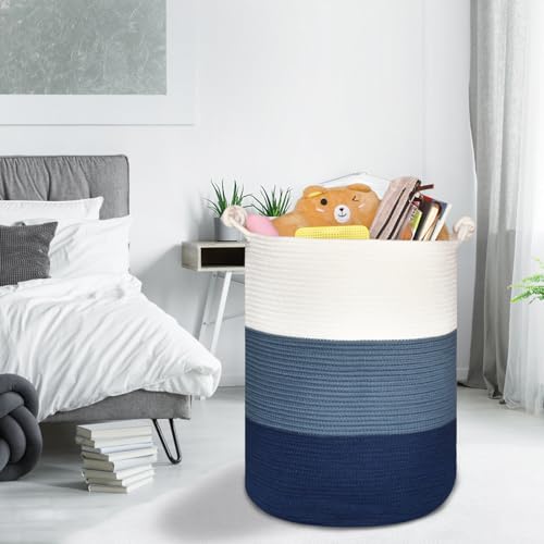 COMSE Extra Large Blanket Basket, Tall Woven Storage Basket, Nursery Hamper, 15.7”x 21.7”, Cotton Rope Laundry Hamper for Toys Clothes Towels, White/Cadet Blue/Navy Blue - color: White & Cadet Blue & Navy Blue
