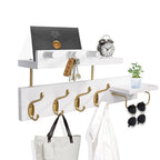 Coat Rack Wall Mount with Shelf, 4 in 1 Wood Coat Hooks with Key and Mail Holder, 17 Inch Entryway Hanging Shelf with Sunglasses Holder and 4 Metal Hooks for Clothes Hats Bag, White and Gold - color: White