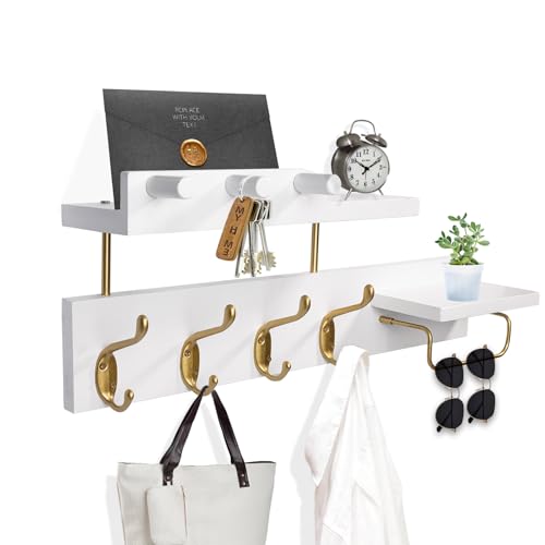 Coat Rack Wall Mount with Shelf, 4 in 1 Wood Coat Hooks with Key and Mail Holder, 17 Inch Entryway Hanging Shelf with Sunglasses Holder and 4 Metal Hooks for Clothes Hats Bag, White and Gold - color: White