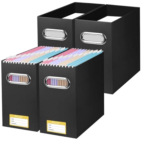 BALEINE File Organizer Box, Cardboard File Folder Organizer with Handle for Letter Size, Portable Collapsible Hanging Filing Box for Home Office Document Storage (4 Pack, Black) - color: Black, style: 4PK