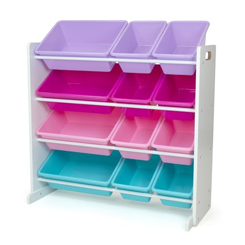 Humble Crew Toy Storage Organizer with 12 Removable Storage Bins for Kids Playroom, 4-Tier Toddler Toy Organization, White/Pink/Purple/Turquoise - color: White/Pink/Purple/Turquoise