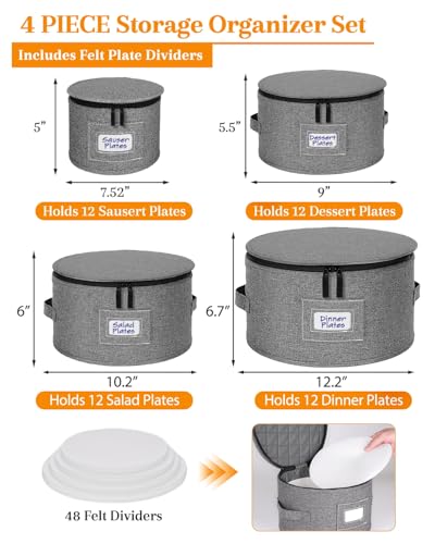 punemi China Storage Containers, Dish Storage w/Hard Shell Top Side Bottom Support & Felt Dividers for Charger Plates Dinnerware, Perfect for Moving Supplies, 4 set Stackable Fine China Storage, Gray - style: Chinese