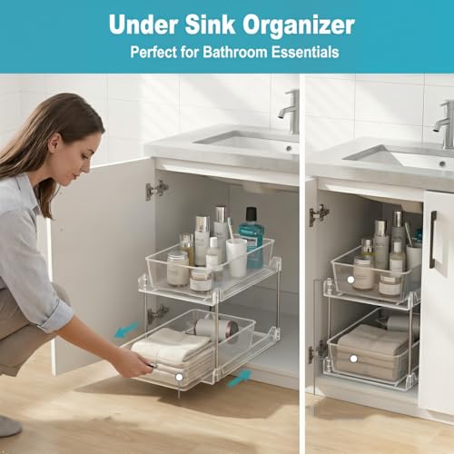 1 Pack Bathroom Organizer,2 Tier Clear Under Sink Organizers Vanity Countertop Storage Container,Cabinet Drawers Bins, Pull-Out Organization with Track for Pantry, Kitchen - color: Clear, size: 1 Pack
