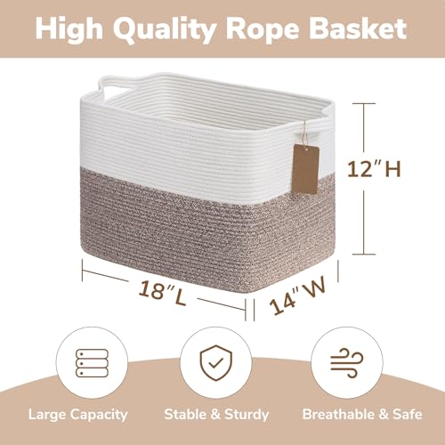 Goodpick Woven Storage Baskets for Organizing 18" x 14" x 12" Large Blanket Basket for Living Room Bedroom, Rectangle Cotton Rope Basket with Handles, Toy Baskets Storage Kids, Brown - color: Brown, size: 18"L x 14"W x 12"H