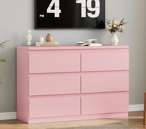 Jocoevol Modern Pink 6 Drawer Dresser - Simply Chest of Drawers for Bedroom, Closet, Living Room, Hallway, Entryway, Wood Storage Double Dresser with Smooth Metal Rails - Pink - color: Pink