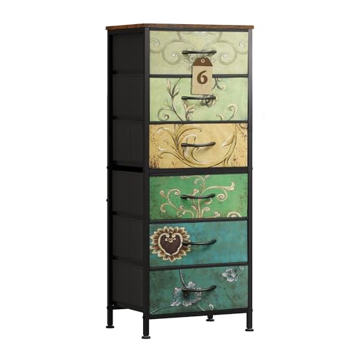 WLIVE Tall Dresser for Bedroom, 6 Drawer Vertical Fabric Dresser, Skinny Chest of Drawers for Closet, Narrow Storage Tower with Metal Frame, Tall Nightstand for Small Spaces, Floral Painted - color: Floral Painted, size: 11.73"D x 15.67"W x 39.37"H