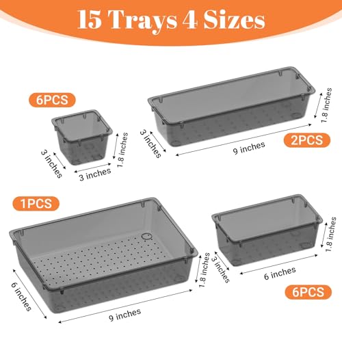 SpaceHacks 15 PCS Clear Plastic Drawer Organizer Set, 4-Size Acrylic Drawer Storage Trays, Storage Bins for Makeup, Gadgets, and Jewelry in Bathroom, Bedroom and Office, Clear Black - color: Black