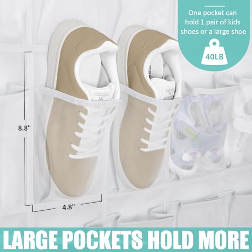 Tiblue Over The Door Shoe Organizer 35 Mesh Pockets Hanging Shoe Organizer Shoe Rack For Door Closet Entryway Bedroom Pantry Organizer - Shoe Holder Hanger For Sneakers, Women High Heeled Shoes White