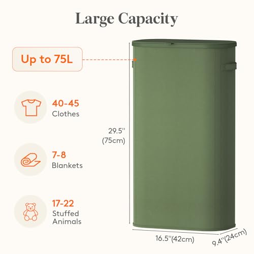 Lifewit Slim Laundry Basket with Lid, Narrow Large Laundry Hamper with Plastic Handles and Removable Bag, Tall Foldable Dirty Clothes Hampers for Laundry Room, Bedroom, Bathroom, Dorm, 75L Green - color: Green, size: 75L