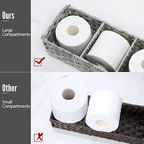 [Larger Compartments] Toilet Tank Topper Paper Basket - Multiuse Hand Woven Plastic Wicker Basket with Divider for Organizing, Rustic Farmhouse Bathroom Decor, Countertop Organizer Storage, Gray Wash - color: Gray Wash