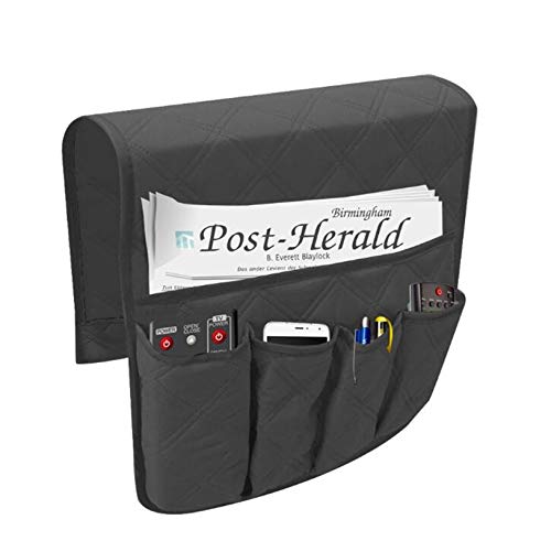 IPENNY Couch Sofa Armrest Organiser Chair TV Remote Holder Bed Storage Pocket Bag for Cellphone Tablet Notepad Book Magazines DVD Eyewears Drinker Snacks Holder Pouch - color: Black (5 Pockets)