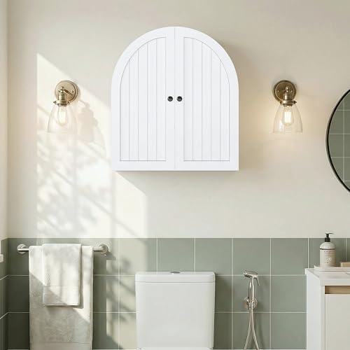 DreamDashio Arched Bathroom Cabinet Wall Mounted with Doors, Adjustable Shelves, Medicine Cabinet Over The Toilet, Wall Cabinet, Storage Cabinet for Bathroom, Laundry Room, Kitchen, White - size: 27.6"H x 23.6"W x 5.9"D