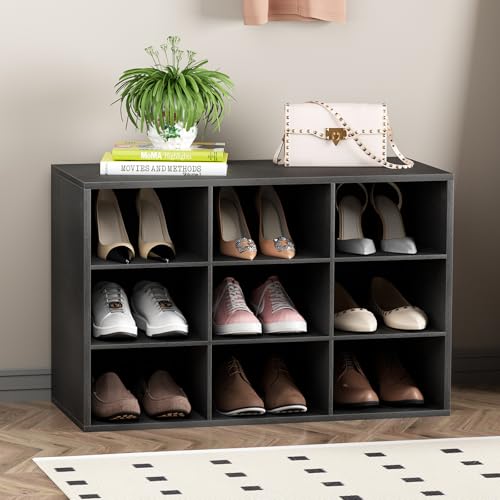 Garden 4 you Shoe Storage Bench, Cubby Shoe Rack with 9 Cubbies, 3-Tier Wood Shoe Rack Organizer, Shoe Organizer Cabinet for Entryway, Hallway, Closet and Garage, Black - color: Black, size: 9-cube 3-tier