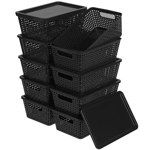 Plastic Storage Baskets With Lid, Storage Bins for Organizing, Stackable Decorative Containers for Shelves Drawers Desktop Closet Playroom Classroom Office,10 Pack-Black - color: Black, size: 10 Pack