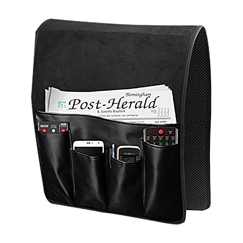 Luxury Leather Sofa Armrest Organizer, Non-slip Couch Sofa Chair Caddy with 5 Pockets for Phone, Book, Magazines, Tablet, Remote Control Holder Recliner Couch Tidy Hanging Storage Bag Arm Chair Tray - color: Black, Luxury Leather