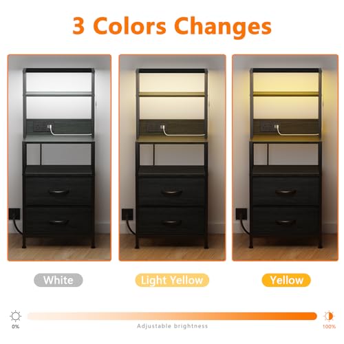 Furnulem Night Stand, Tall Nightstand with 4-Tier Shelves, 2 Fabric Drawers and Led Lights, Bed Side Tables with Charging Station, Bedside Table for Bedroom, Office, Black Oak | 4-Tier Shelves, 2 Fabric Drawers, Light Tube, Bed Side Tables, Charging Stati