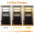 Furnulem Night Stand, Tall Nightstand with 4-Tier Shelves, 2 Fabric Drawers and Led Lights, Bed Side Tables with Charging Station, Bedside Table for Bedroom, Office, Black Oak | 4-Tier Shelves, 2 Fabric Drawers, Light Tube, Bed Side Tables, Charging Stati