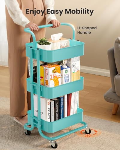 Pipishell 3 Tier Mesh Utility Cart, Rolling Metal Organization Cart with Handle and Lockable Wheels, Multifunctional Storage Shelves for Kitchen Living Room Office Turquoise - color: Turquoise, size: 3-Tier