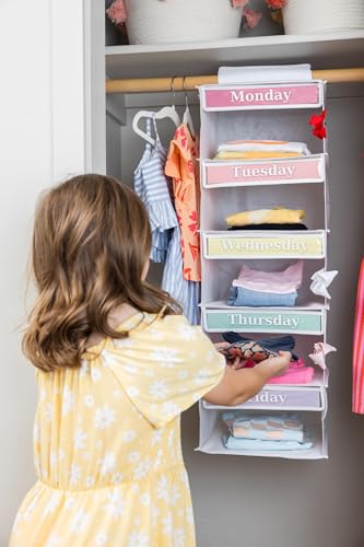 Three Sweet Peas Co Weekly Clothes Organizer for Kids – 5 Shelf Hanging Closet Storage for School Outfits | Monday to Friday Daily Clothing Divider with Color Labels, 33" Durable Polyester