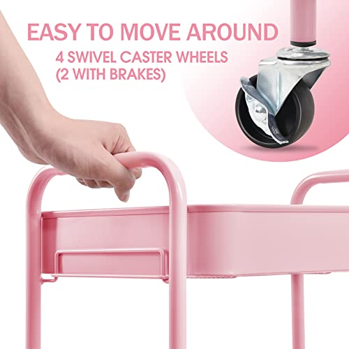TOOLF 3-Tier Rolling Cart - Metal Utility Storage Organizer with Lockable Wheels, 33 lbs Per Shelf, Tool-Free 5-Min Assembly, for Kitchen Bathroom Office Nursery Craft Room, Pink - color: Pink, size: 3-Tier