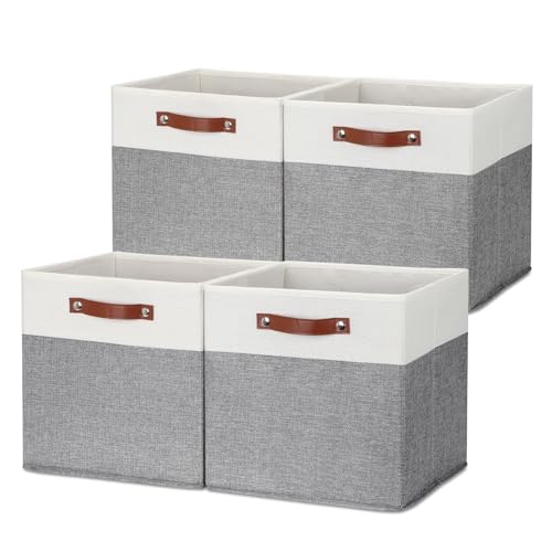 HNZIGE 13x13 Foldable Storage Bins Set of 4 Storage Cubes Fabric Storage Baskets for Shelves with Handles Organizer for Toy Nursery Closet Bedroom - color: Gray White, size: 13"x13"x13"-4pack