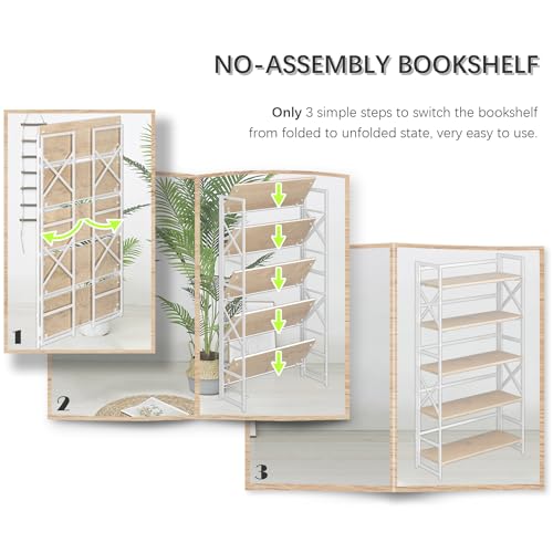 4NM Extra Wide 5 Tiers No Assembly Book Shelves, 51.2" H Folding Bookshelf Bookcase Open Industrial Foldable Shelves for Bedroom, Living Room, Home Office - Natural White - color: Natural White, size: Wide XX 5-Tier
