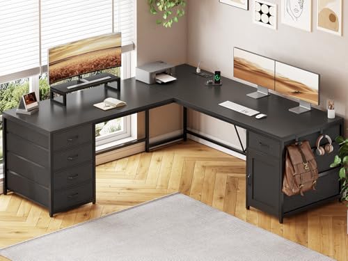 SEDETA L Shaped Desk, 63'' Corner Desk with 5 Drawer & Power Outlet, Larger Home Office Desk or Gaming Desk, L Shaped Corner Desk with Monitor Shelf, Storage Cabinet, Black - color: Black