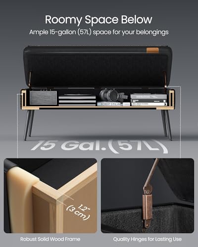 VASAGLE EKHO Collection - Storage Ottoman Bench, Entryway Bedroom Bench, 15 Gallons, Synthetic Leather with Stitching, Mid-Century Modern, Safety Hinges, Loads 660 lb, Ink Black ULOM074B01 - color: Ink Black, style: 15-Gallon Storage Bench