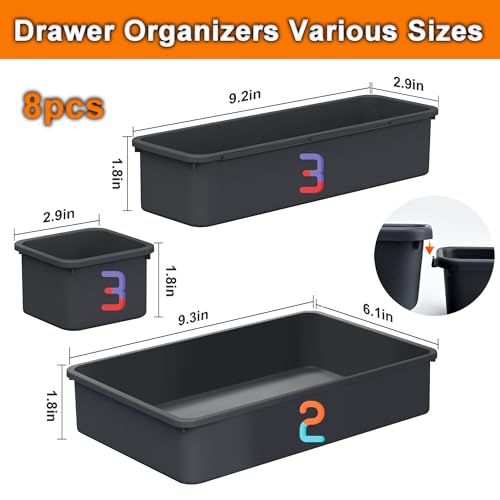 QUELIEN Desk Drawer Organizer Tray Set, 8PCS Plastic Drawer Organizer Bins for Office, Makeup, Kitchen - Gray Blue Desk Organizer with Flexible Interlocking Design for Efficient (Gray Blue, 8PCS)