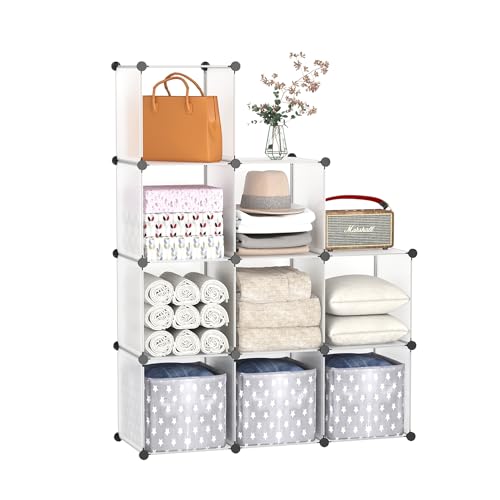 C&AHOME Cube Storage, 9-Cube Plastic Closet Cabinet Organizer, DIY Stackable Bookshelf, Modular shelving Units Ideal for Home, Office, Kids Room, 36.6"L x 12.4" W x 48.4" H Translucent White SBTM3009A - color: Transparent White