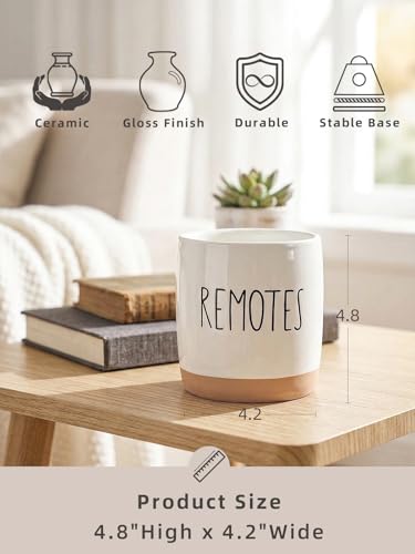 LEETOYI Ceramic Remote Caddy Storage, 4.8 Inch Remote Control Holder, Farmhouse Organizer for Pen Holder, Makeup Brush Holder, Office Supplies, White/Brown
