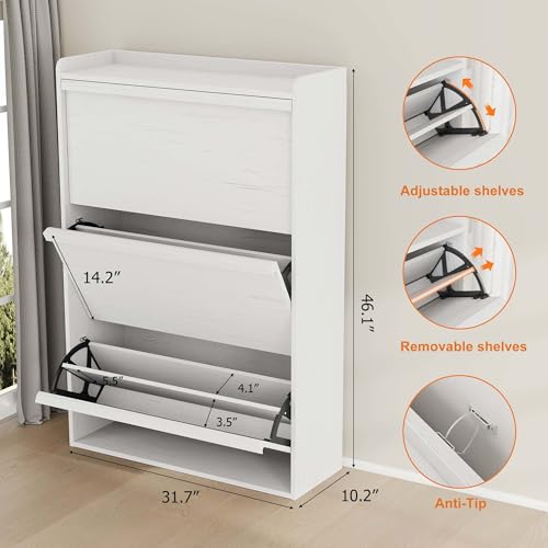 GarveeHome Shoe Cabinet with 3 Flip Drawers, Wooden Shoe Organizer with Adjustable Shelf, Shoe Storage for Entryway, Hidden Shoe Cabinet for Hallway, Living Room, White - color: White, size: 3-Drawers