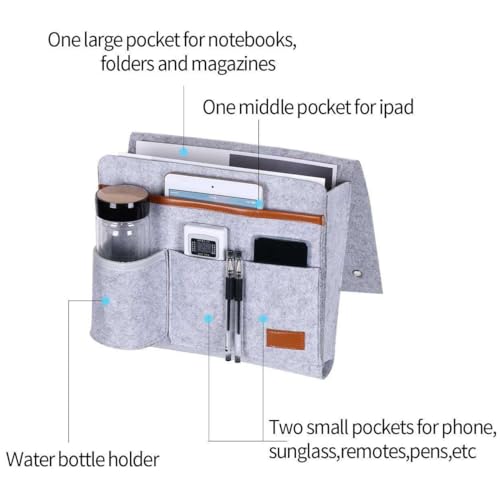 Bringsine Bedside Caddy, Felt Bed Storage Organizer Hanging Bag Holder with 5 Pockets for Magazine Book Phone Tablet iPad Cables Remote & Water Bottle Holder Home Dorm Bed Sofa-Light Gray - color: Light Gray, size: 4 Pockets + Bottle Holder
