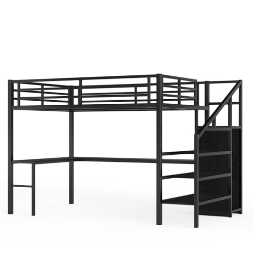 Bellemave Full XL Size Metal Loft Bed with L Shaped Desk and Wardrobe, Heavy Duty Loft Bed Frame with Storage Stairs, LED Loft Bed Frame with Charging Station & Safety Guardrails, Black - color: Black, size: Full XL