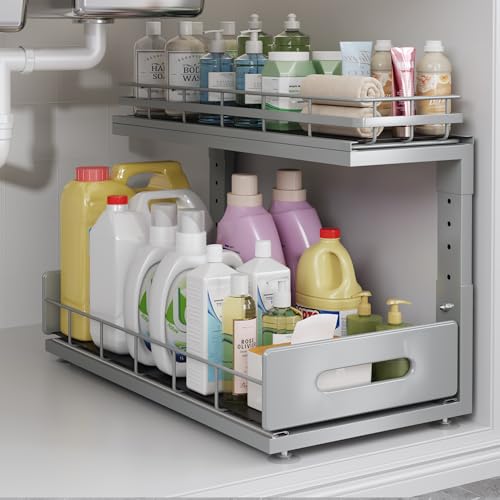 Under Sink Organizer Upgrade To Professional Rails,2-Tier Dual Pull Out Cabinet Storage,Height Adjustable Slide Out Drawers For Bathroom Kitchen,1 Pack-18.5"Dx12.8"-16.9"H,Gun Gray - color: Gun Gray, size: 1 Pack-18.5"Dx12.8"-16.9"H
