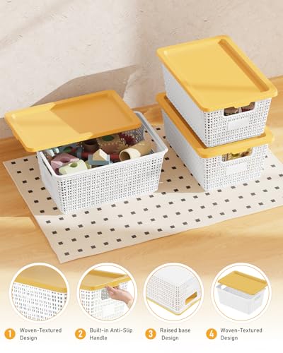EOENVIVS Storage Bins Bakets with Lids 6 Pack, Stackable Organizer Bins for Small Spaces, Pantry, Closet & Bathroom, Secure Snap Lids, 11x7x5 Plastic Storage Containers for Shelf Organization, White - color: White+Yellow