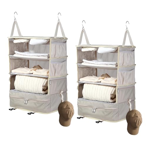 Bukere Hanging Packing Cube for Travel, Portable Shelves Organizer Bag for Luggage Suitcase, Travel Essentials, Compression Carry-On Closet Storage, X-Large Capacity - color: BEIGE 2PACK