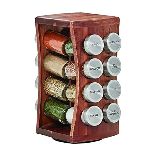 Kamenstein 16 Jar Hourglass Revolving Countertop Spice Rack with Spices Included, FREE Spice Refills for 5 years, Acacia with Stainless Steel Caps,Brown - size: 16-Jar, style: Hourglass