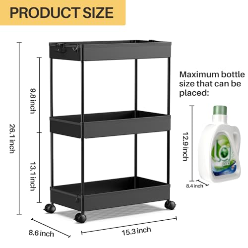 SPACEKEEPER Rolling Storage Cart 3 Tier Bathroom Cart Organizers with Wheels Laundry Room Organization Mobile Shelving Unit Utility Cart Storage Shelves Multi-Functional for Office, Home, Black - color: Black, size: 3 Tier
