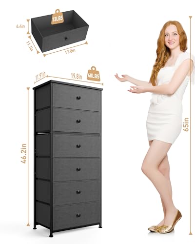 Mifuro Tall Fabric Dresser for Bedroom, Wide Vertical Storage Organizer Tower with 6 Drawers, Chest of Drawers with Bins, Steel Frame, Wood Top for Bedroom, Closet, Entryway Black - color: Grey, size: 6 Large Drawers